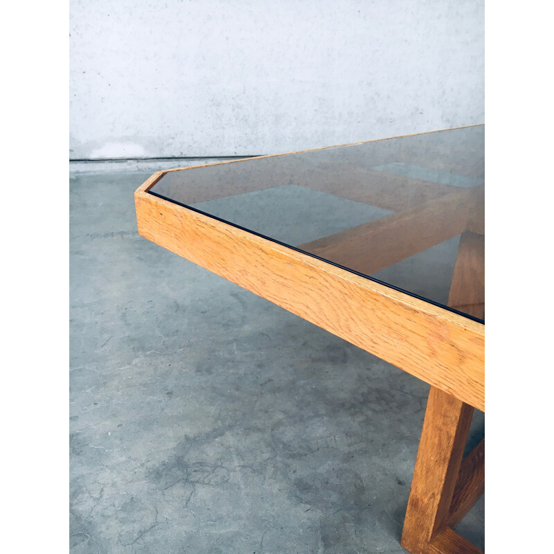 Vintage octagonal oakwood and glass dining table, 1980