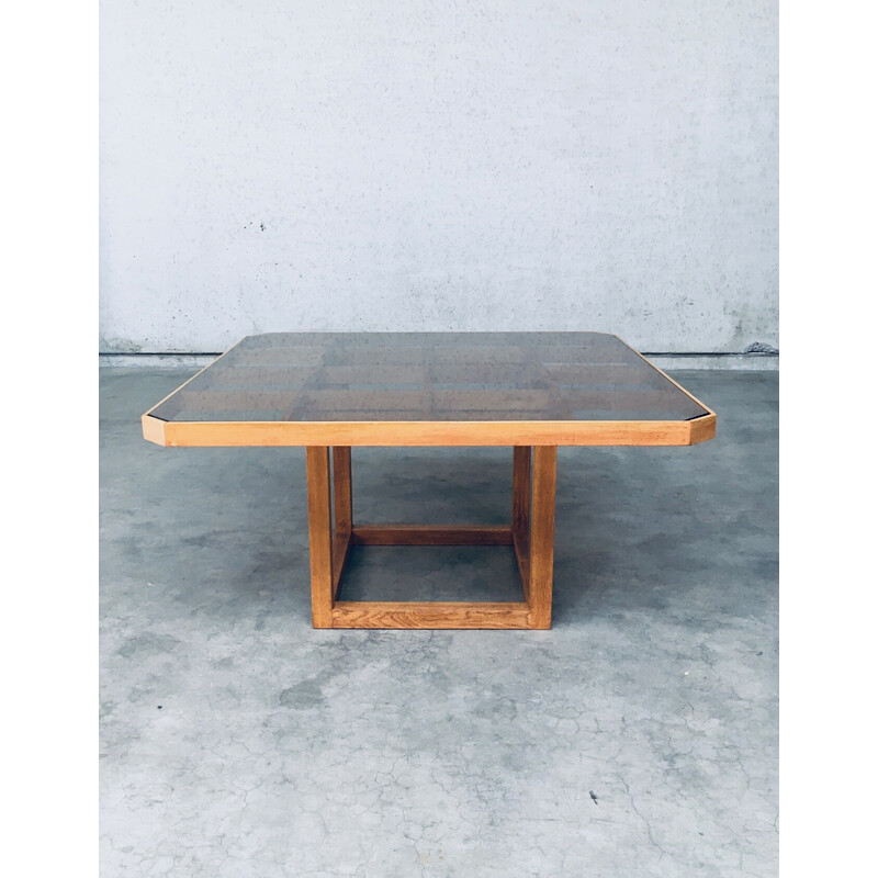 Table vintage octogonale en chêne et verre, 1980
