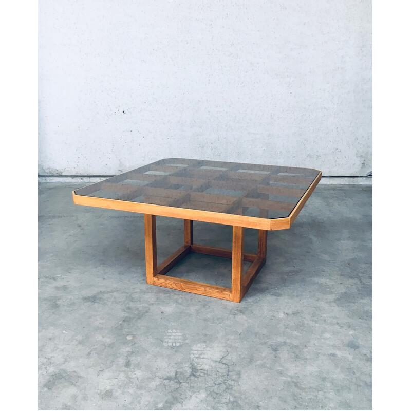 Vintage octagonal oakwood and glass dining table, 1980