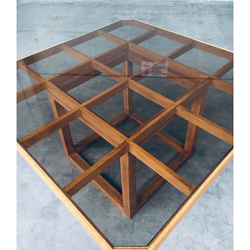 Vintage octagonal oakwood and glass dining table, 1980