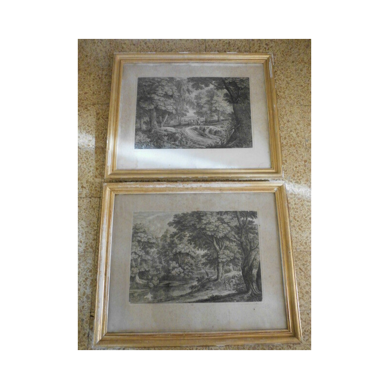 Pair of vintage prints with gilded frames by Adam Frans van der Meulen