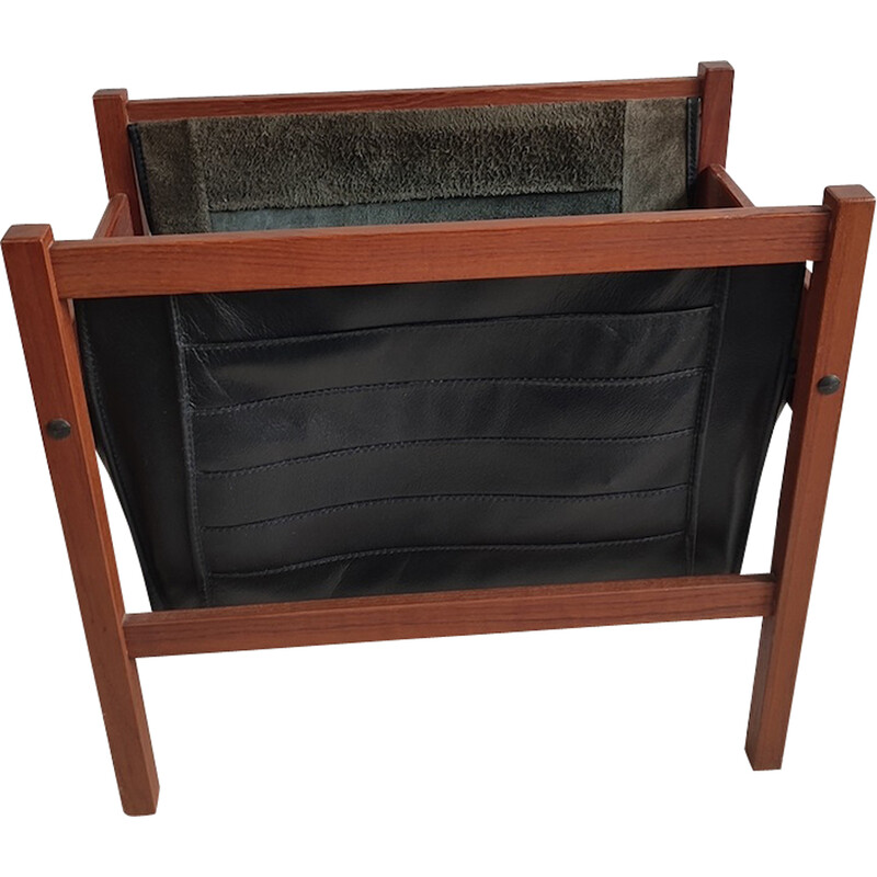 Vintage Danish teak and leather magazine rack, 1960