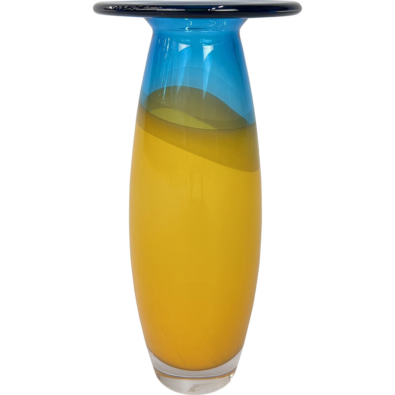 Vintage blue and yellow vase by Siem van de Marel for Leerdam, 1980s