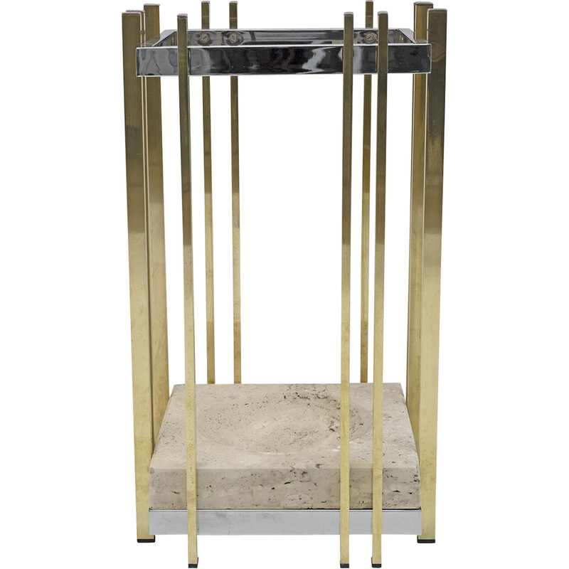 Vintage travertine and brass umbrella stand, 1970