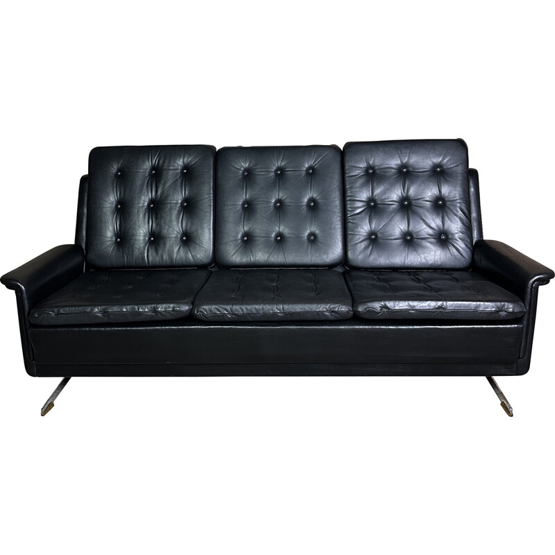 Vintage black leather sofa with chrome legs, Germany 1960