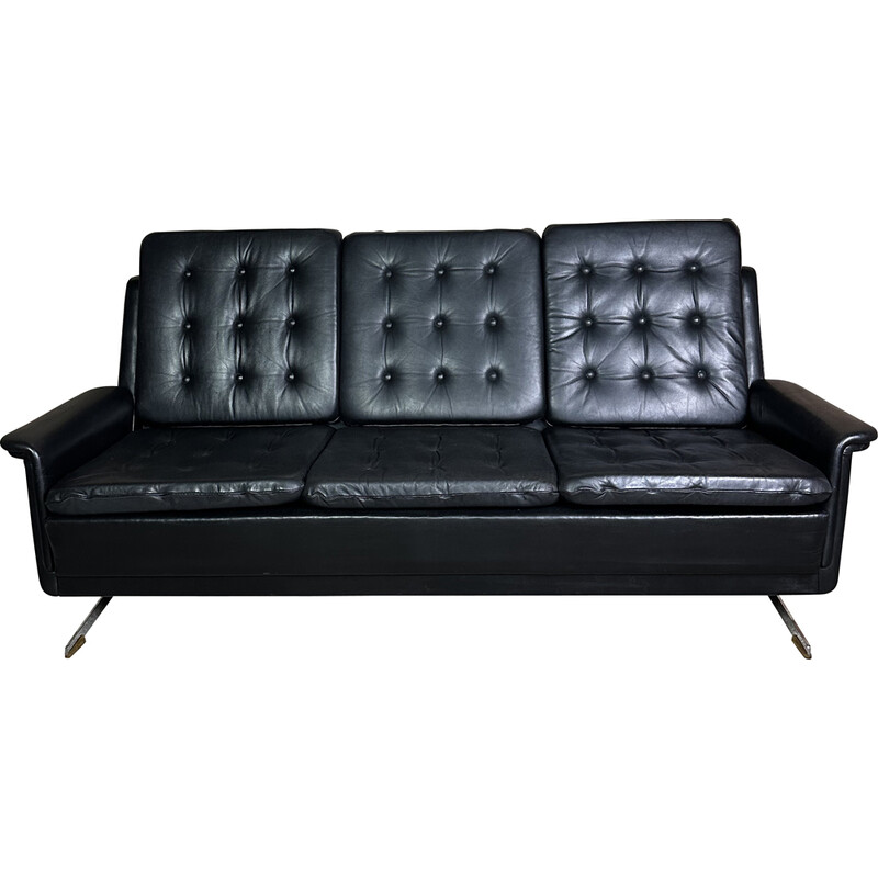 Vintage-Sofa aus schwarzem Leder mit verchromten Füßen, Deutschland 1960
