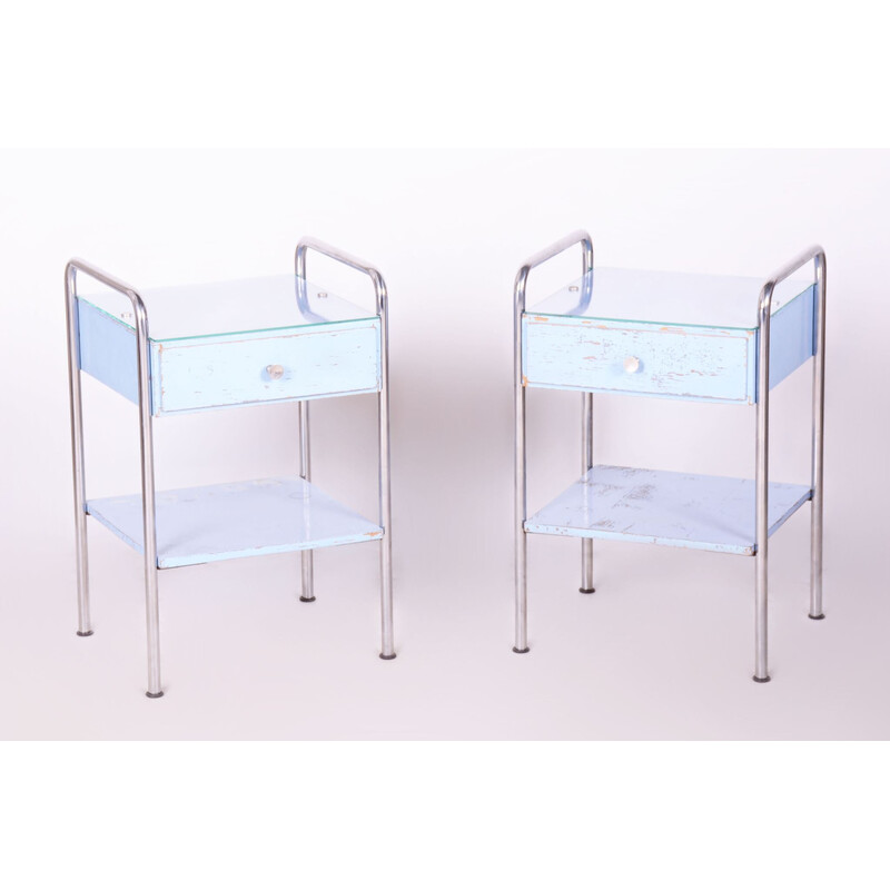 Pair of vintage plywood and chrome steel nightstands by Mücke Melder, Czechoslovakia 1930