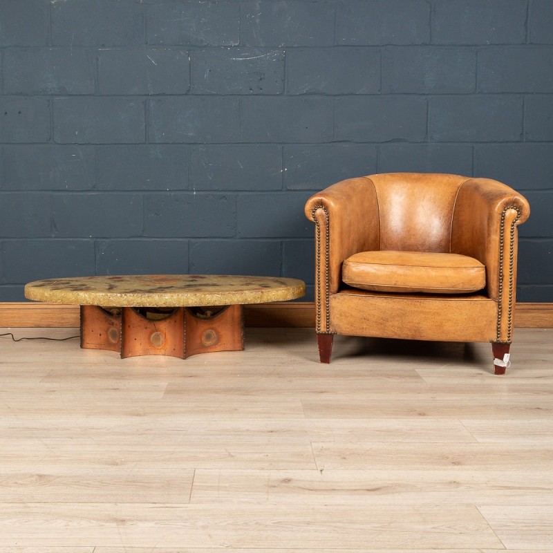 Vintage lighted coffee table "Accolay" in oak wood, France 1960