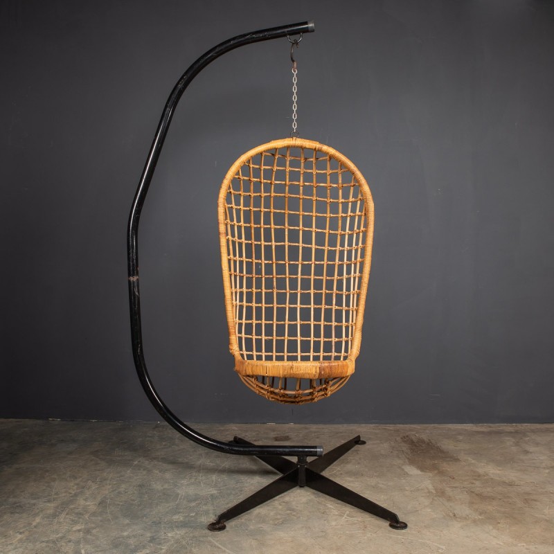 Silla colgante vintage de mimbre y acero, 1970