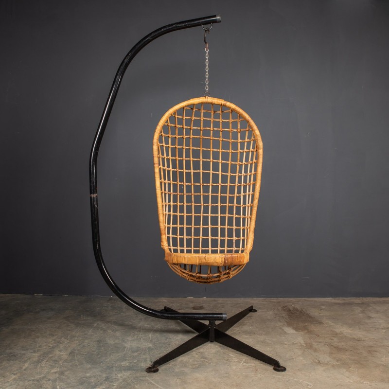 Vintage wicker and steel hanging chair, 1970