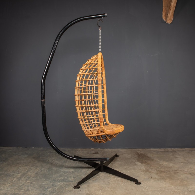 Vintage wicker and steel hanging chair, 1970