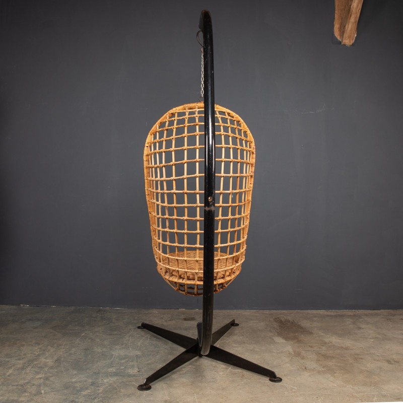 Vintage wicker and steel hanging chair, 1970