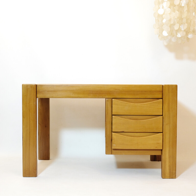 Vintage elmwood desk with 3 drawers by Roland Haeusler for Maison Regain, 1970