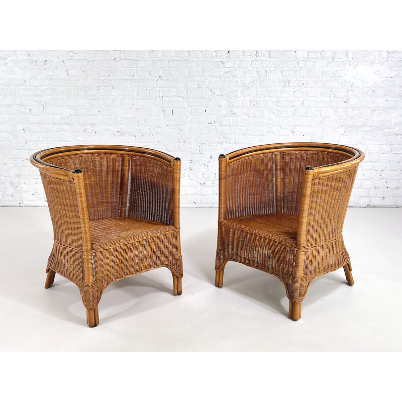 Pair of vintage wicker and rattan armchairs