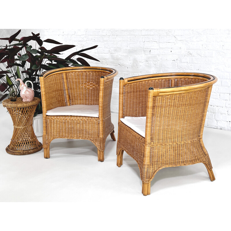 Pair of vintage wicker and rattan armchairs