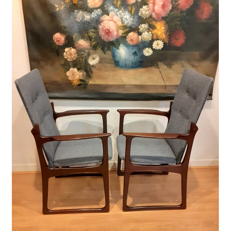 Pair of vintage armchairs in stained solid wood and fabric