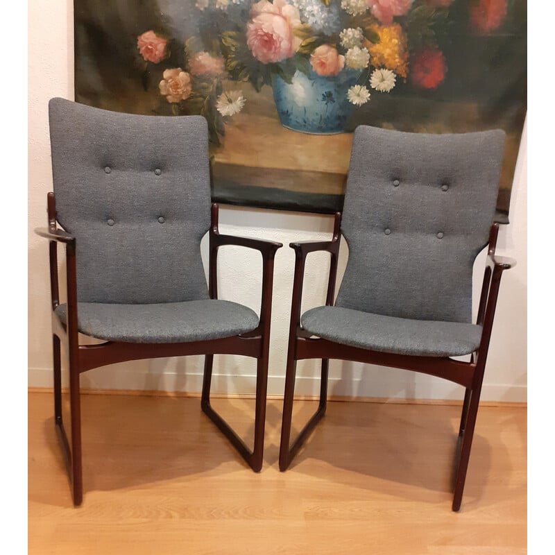 Pair of vintage armchairs in stained solid wood and fabric