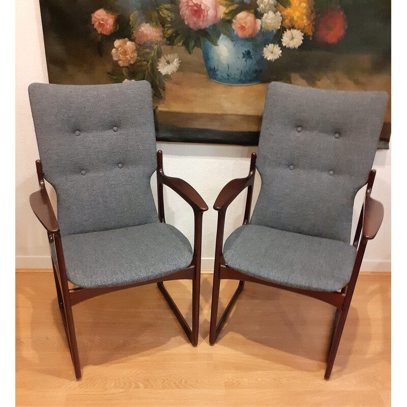 Pair of vintage armchairs in stained solid wood and fabric