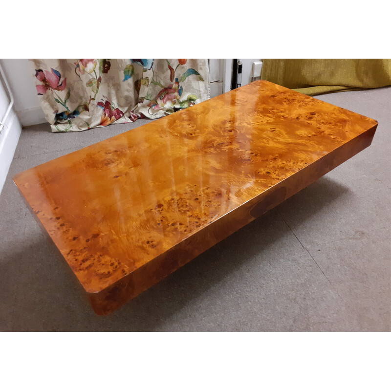 Vintage rectangular coffee table in elmwood burr, 1970