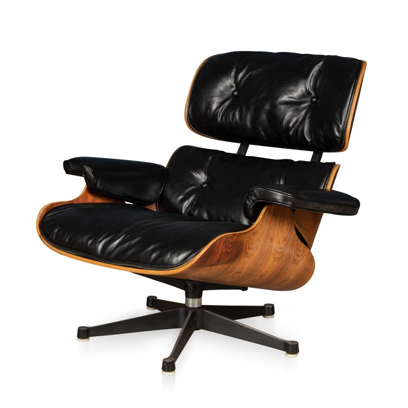 Vintage Eames zwart lederen fauteuil van Mobilier International, 1980