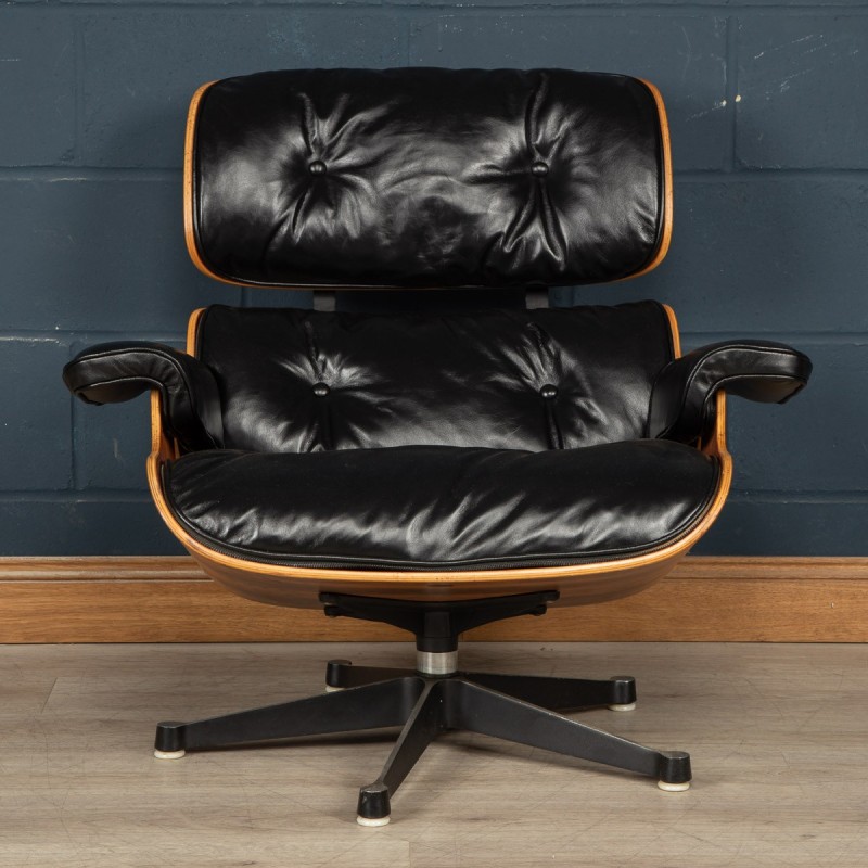 Vintage Eames black leather armchair by Mobilier International, 1980