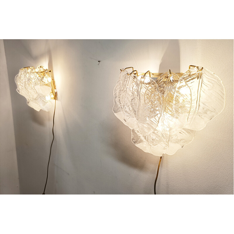 Pair of vintage wall lamps with Murano glass leaves, Italy 1970