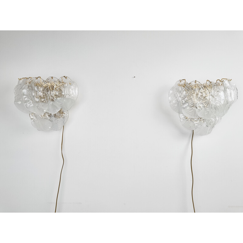 Pair of vintage wall lamps with Murano glass leaves, Italy 1970