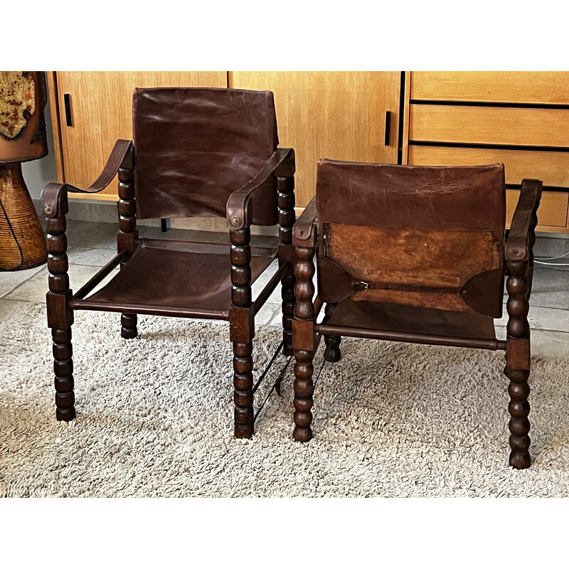 Pair of vintage safari armchairs in wood and leather, 1950