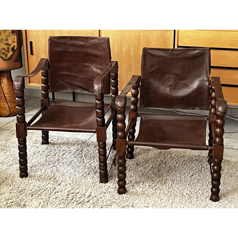 Pair of vintage safari armchairs in wood and leather, 1950