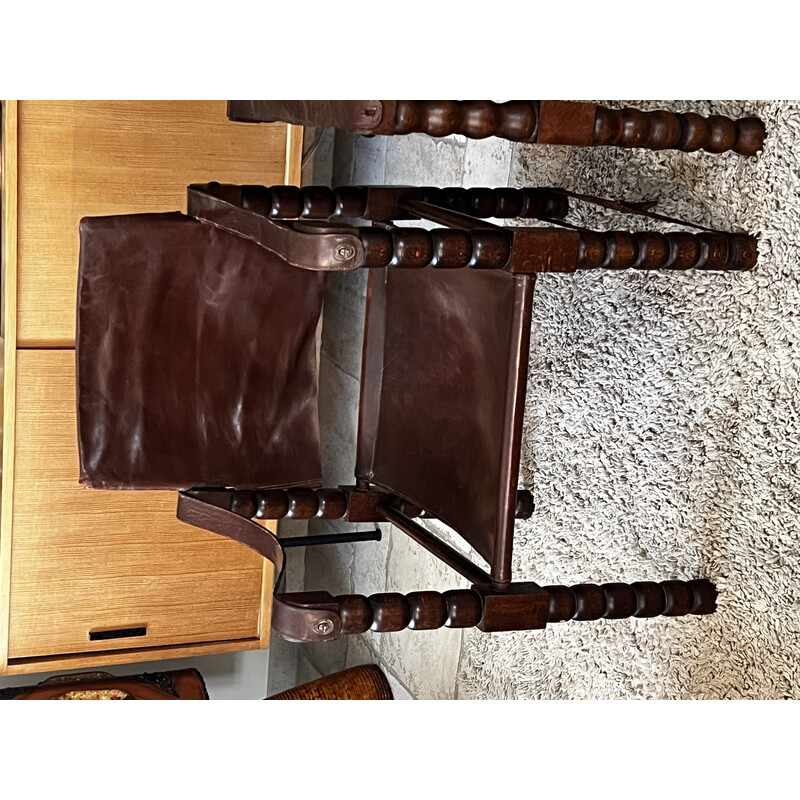 Pair of vintage safari armchairs in wood and leather, 1950