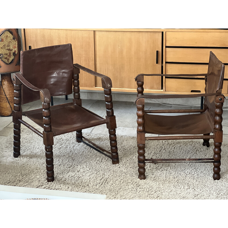 Paire de fauteuils safari vintage en bois et cuir, 1950