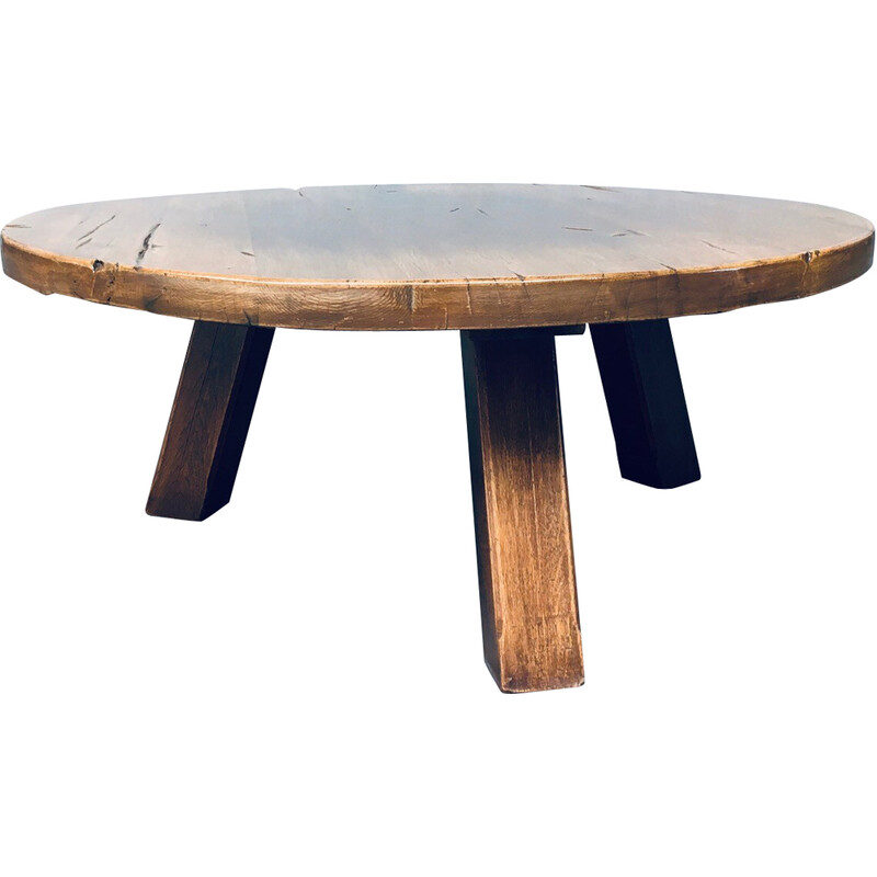 Vintage brutalist coffee table in solid oakwood, France 1960