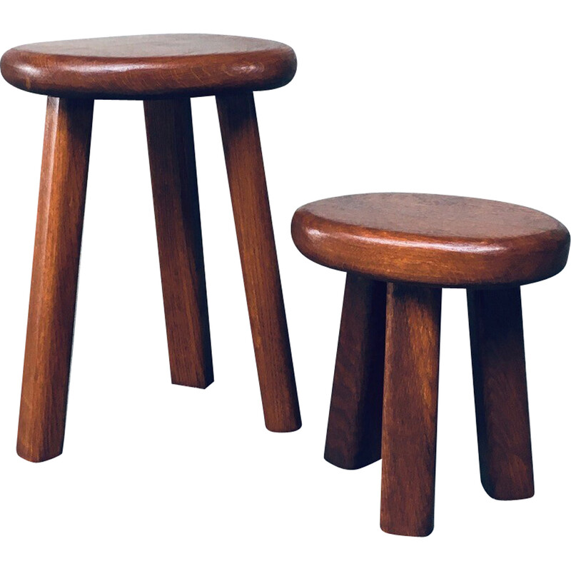 Pair of vintage solid oakwood side tables, France 1960