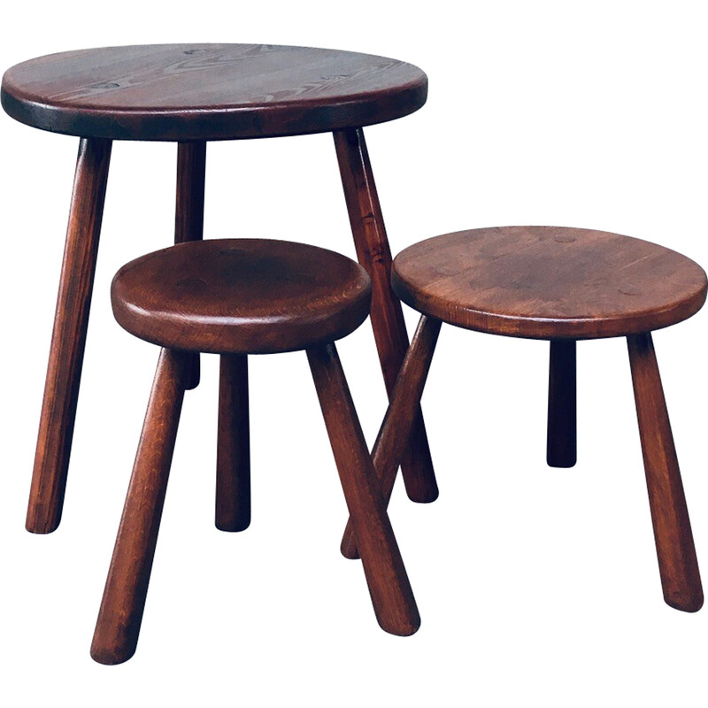 Vintage wooden tripod side table with pair of stools, France 1950