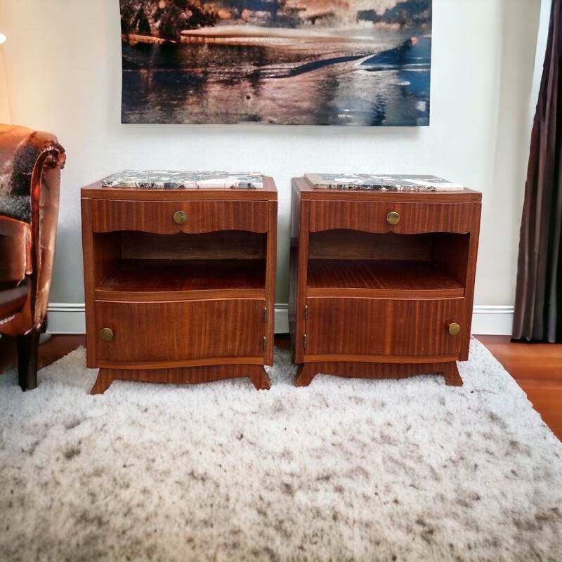 Vintage art deco mahogany and marble night stands, 1930-1940
