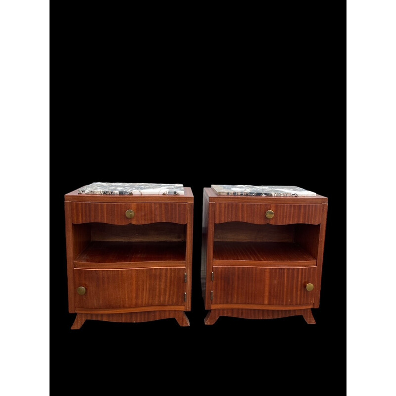 Vintage art deco mahogany and marble night stands, 1930-1940