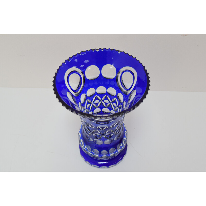 Vintage hand cut lead crystal cobalt blue vase by Caesar Crystal Bohemiae Co, 1980s