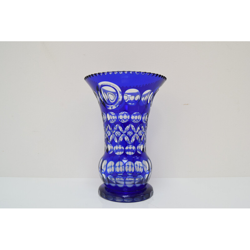 Vintage hand cut lead crystal cobalt blue vase by Caesar Crystal Bohemiae Co, 1980s