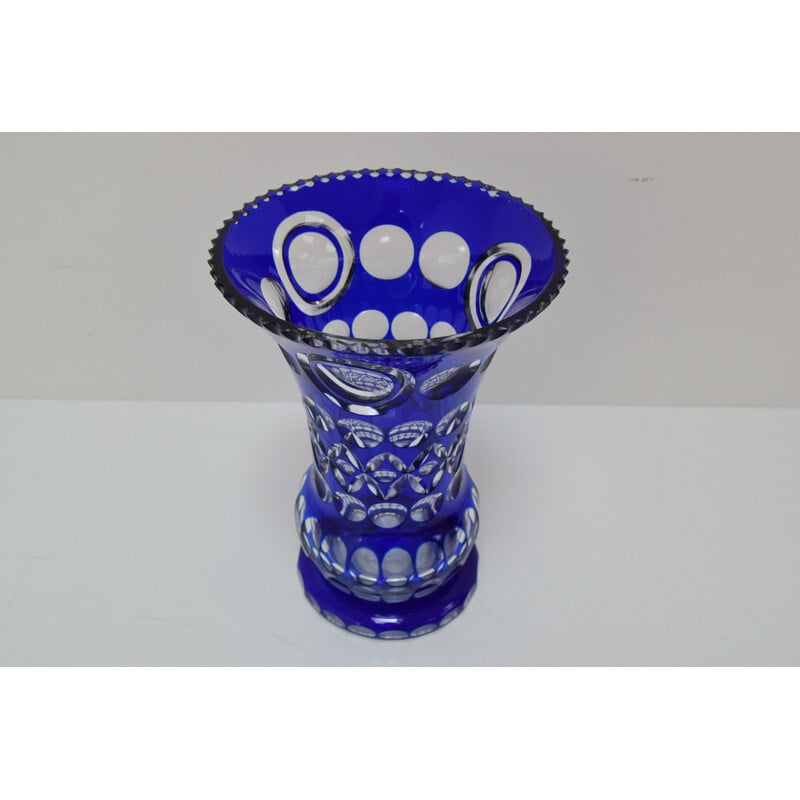 Vintage hand cut lead crystal cobalt blue vase by Caesar Crystal Bohemiae Co, 1980s