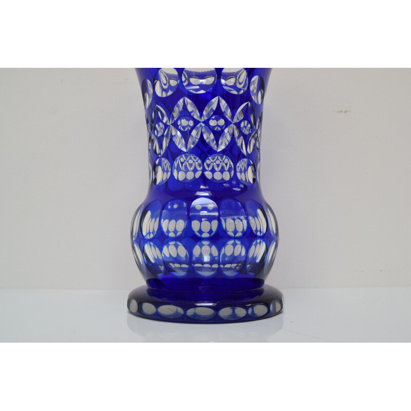 Vintage hand cut lead crystal cobalt blue vase by Caesar Crystal Bohemiae Co, 1980s