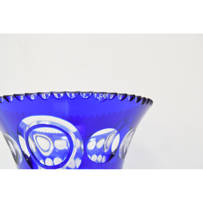 Vintage hand cut lead crystal cobalt blue vase by Caesar Crystal Bohemiae Co, 1980s