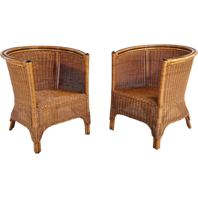 Pair of vintage wicker and rattan armchairs