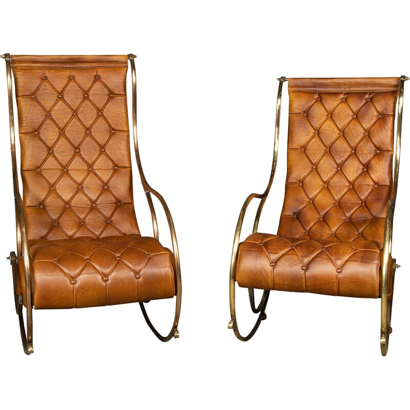 Paire de fauteuils à bascule britanniques vintage en cuir, 1950