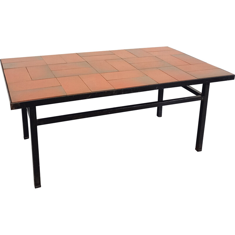 Mesa de centro modernista vintage em terracota e metal preto, 1960