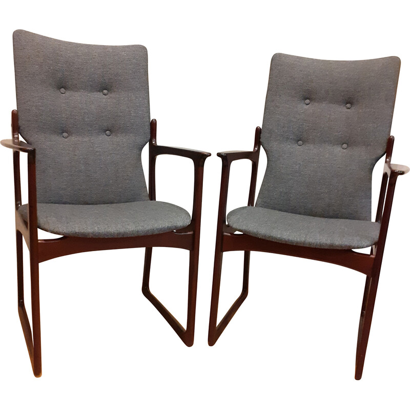 Pair of vintage armchairs in stained solid wood and fabric