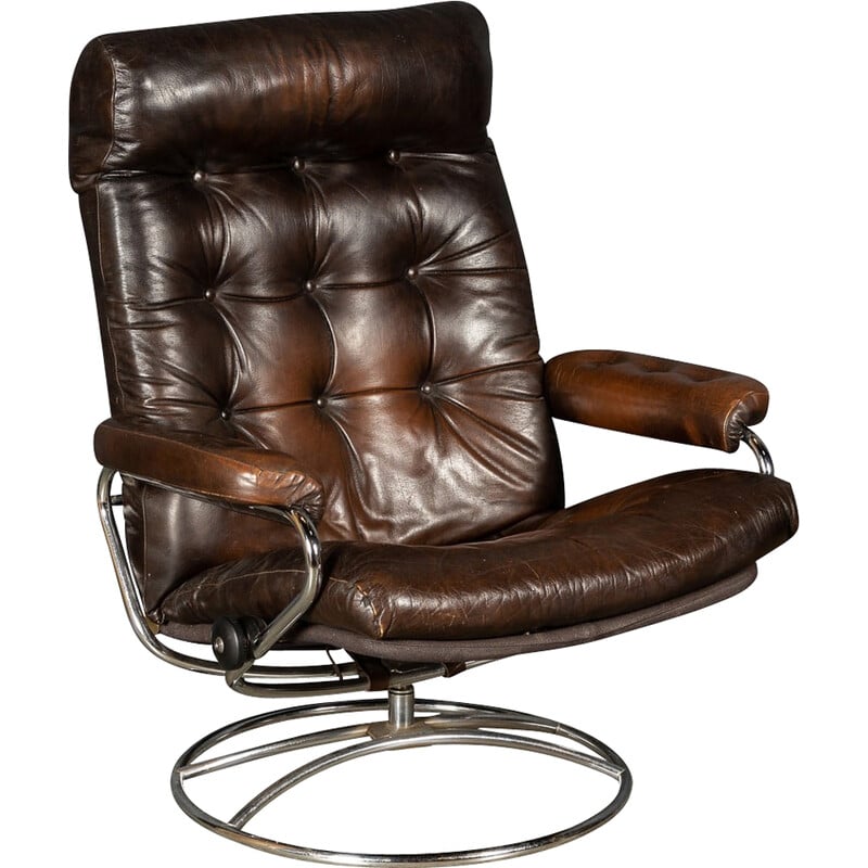 Vintage buttoned leather swivel armchair, 1970