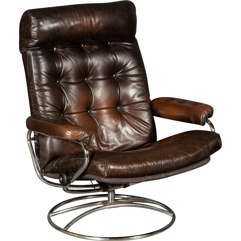 Vintage lederen draaifauteuil met knopen, 1970