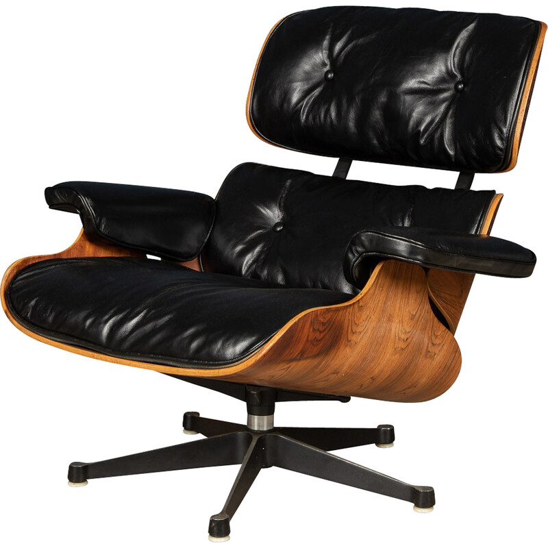 Vintage Eames black leather armchair by Mobilier International, 1980
