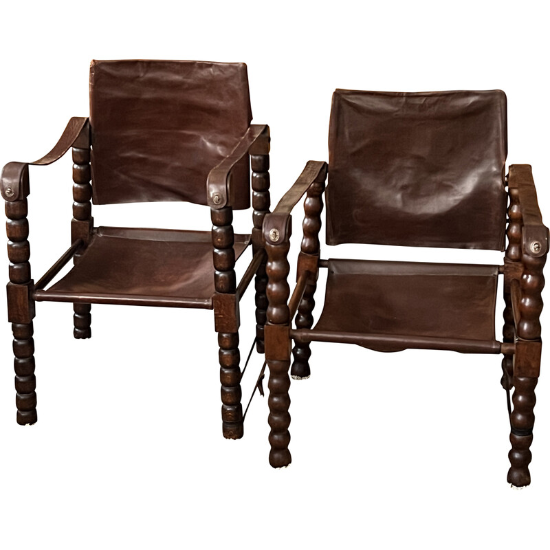 Pair of vintage safari armchairs in wood and leather, 1950
