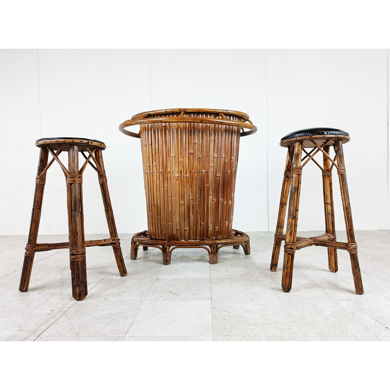 Mid century bamboo Tiki bar with pair of matching stools, France 1960s